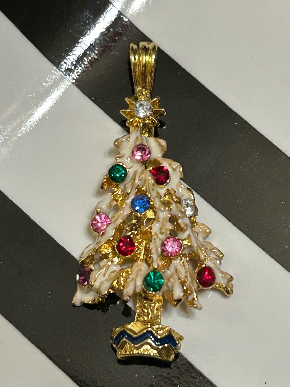 Vintage White Christmas Tree Pendant Gold Tone Colorful Rhinestone Sparkle